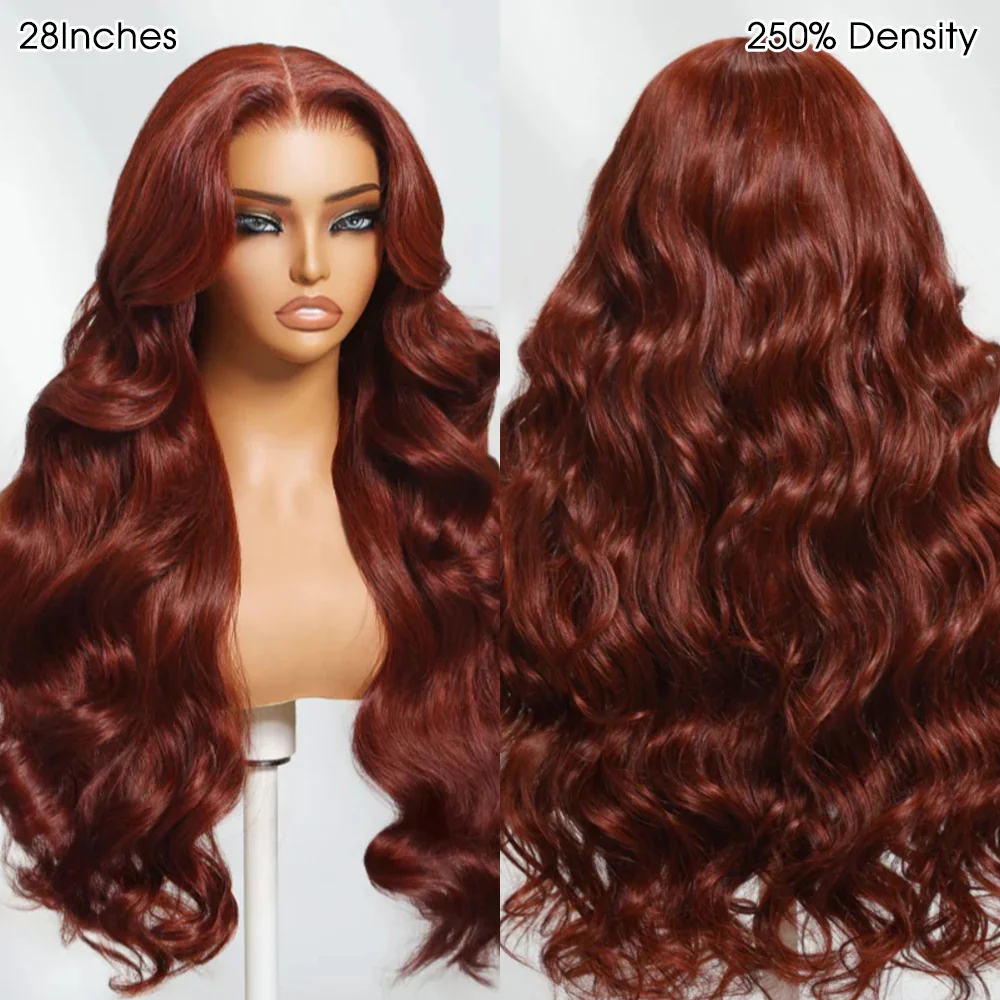 Pizazz Hair Curtain Bangs Reddish Brown Body Wave HD Lace Frontal Wig Human Hair Wig - Image 3