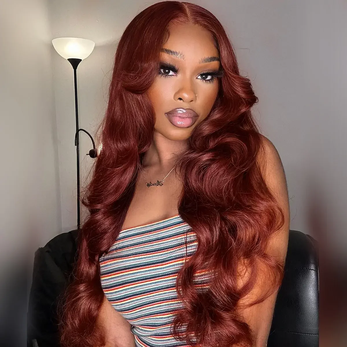 Pizazz Hair Curtain Bangs Reddish Brown Body Wave HD Lace Frontal Wig Human Hair Wig - Image 7